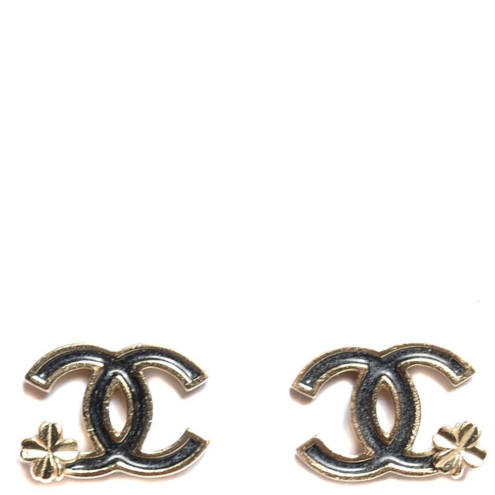 Chanel Enamel CC Clover Earrings Black Gold 1 of 4