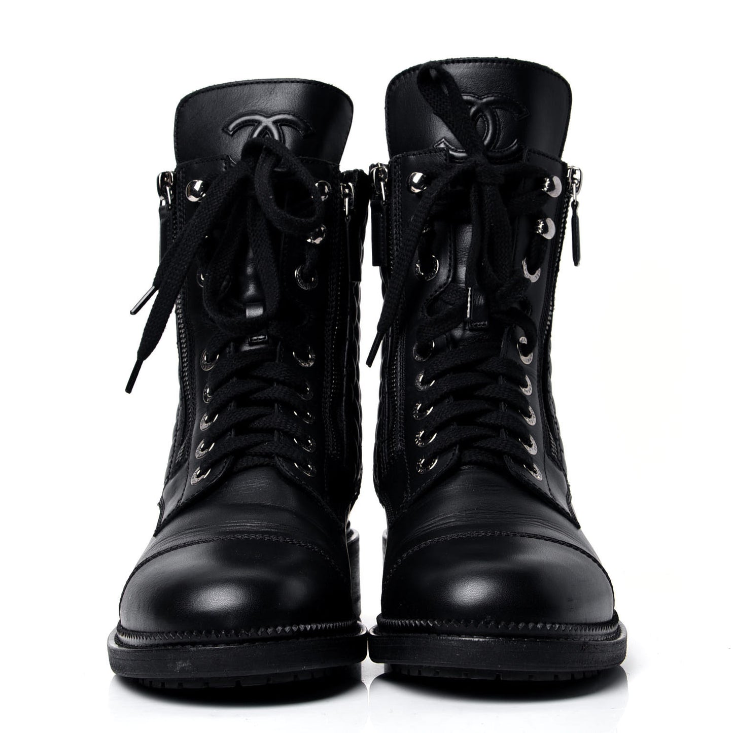 Calfskin Quilted Lace Up Combat Boots 40 Black