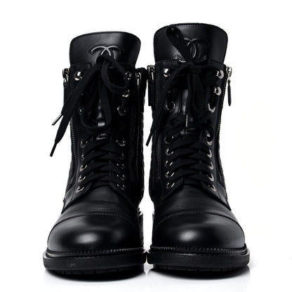 Chanel Calfskin Quilted Lace Up Combat Boots 40 Black 2 of 5