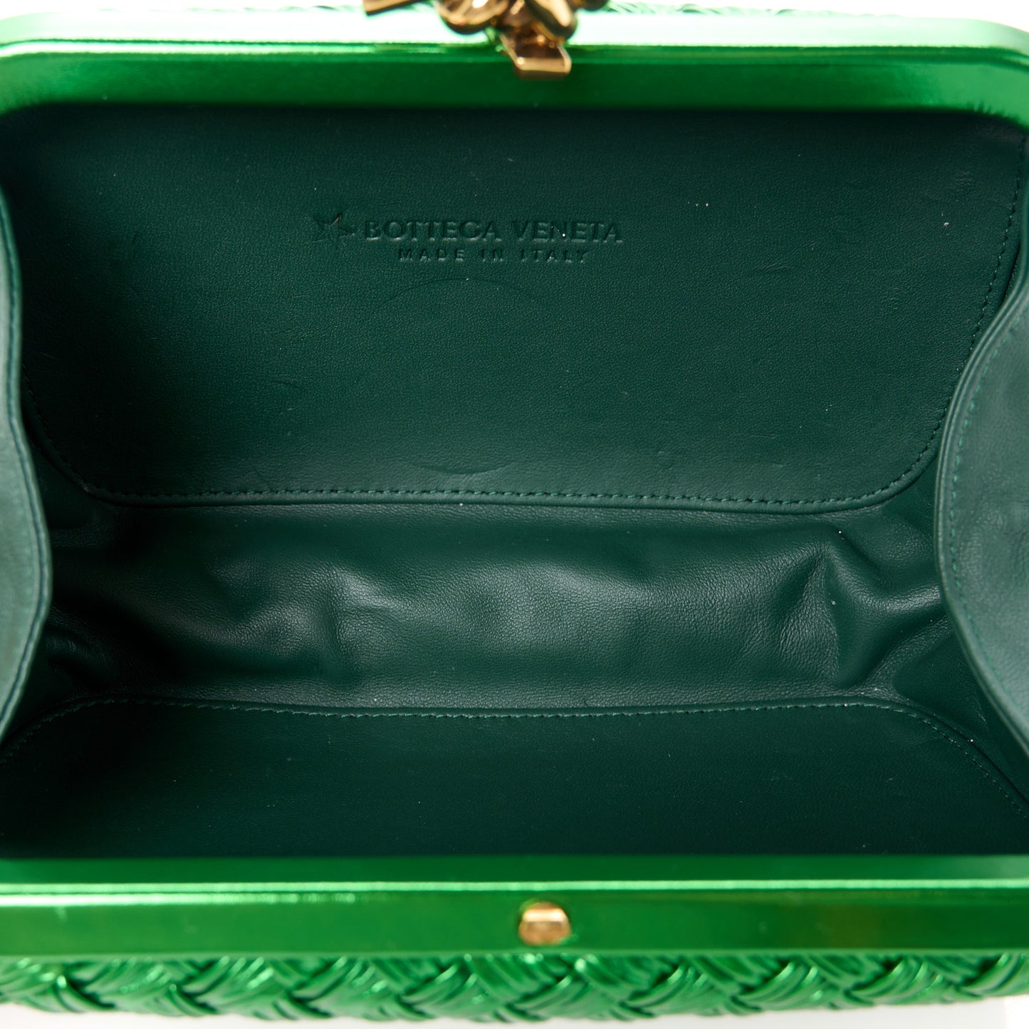 Metallic Intrecciato Minaudiere Knot Clutch Green