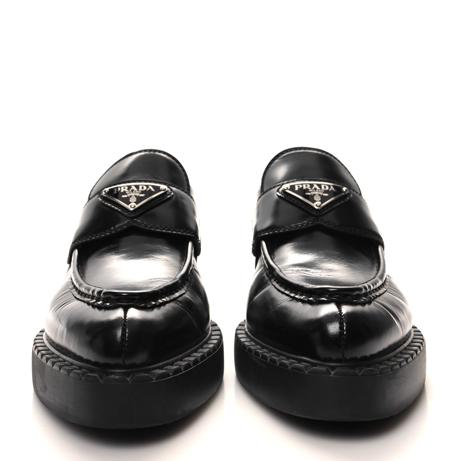 Prada Spazzolato Metal Triangle Logo Pointy 50mm Loafers 37.5 Black 2 of 9
