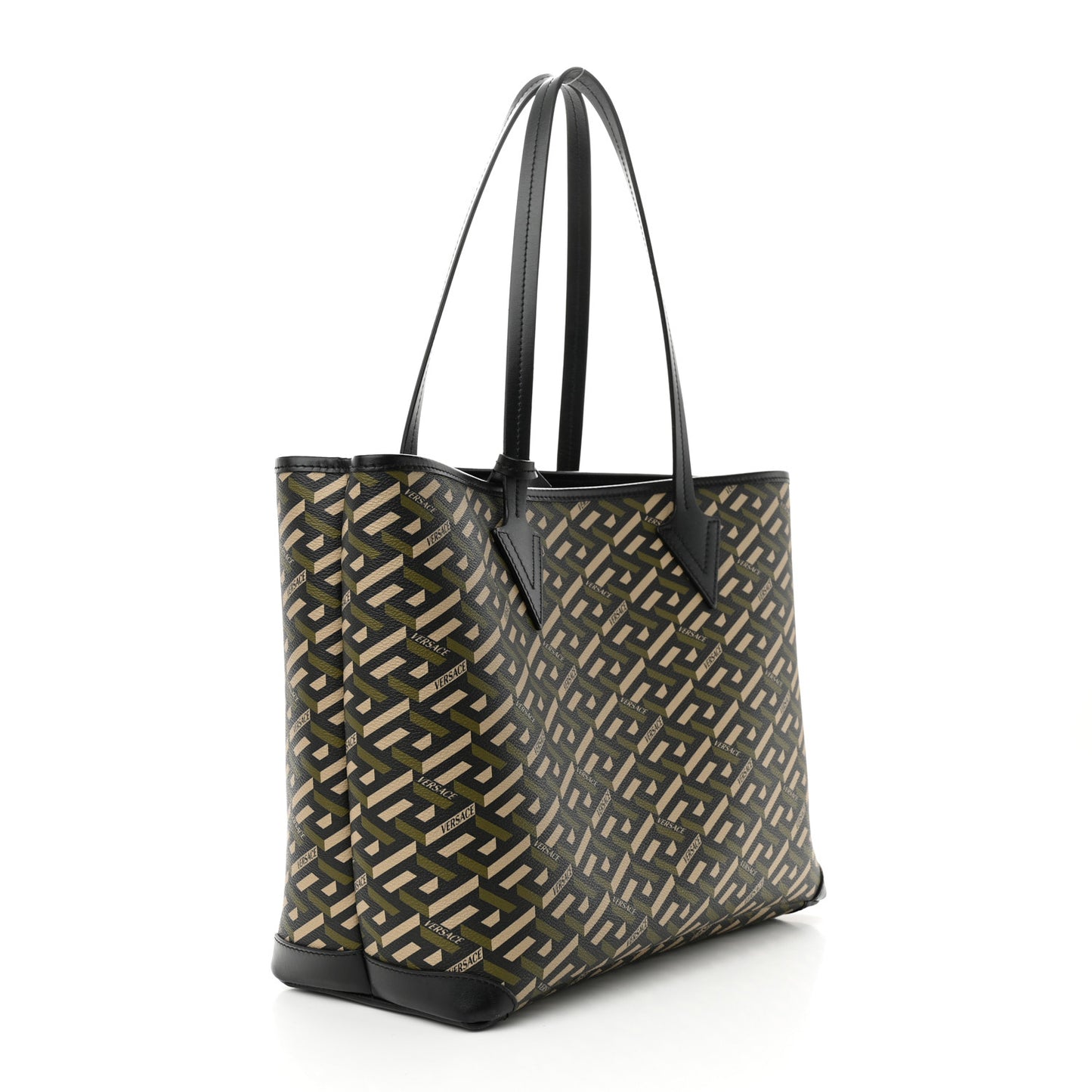 Canvas Calfskin Monogram La Greca Medusa Tote Black Khaki