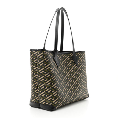 Versace Canvas Calfskin Monogram La Greca Medusa Tote Black Khaki 4 of 10