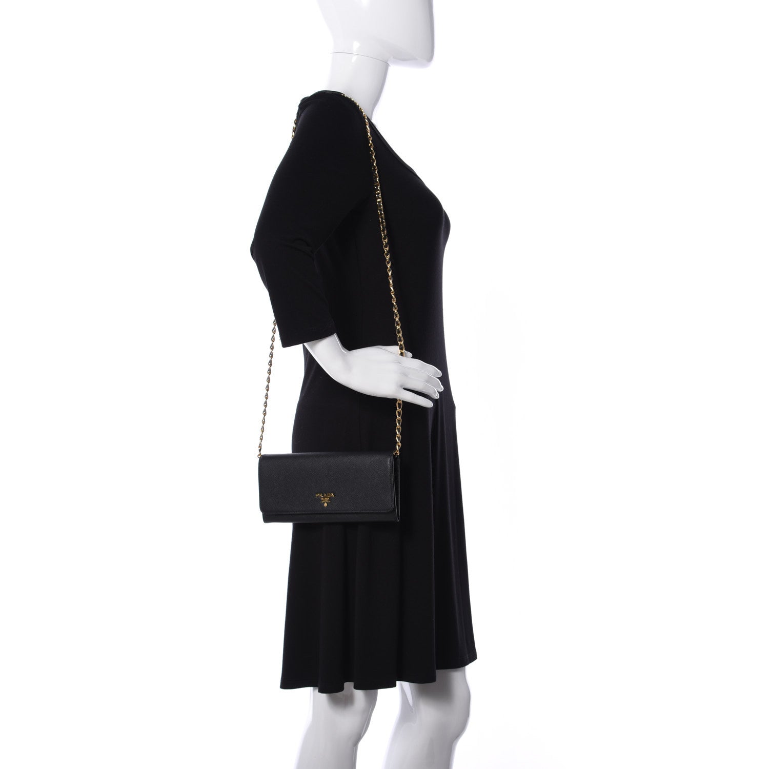 Prada Saffiano Metal Oro Chain Wallet Black 2 of 8
