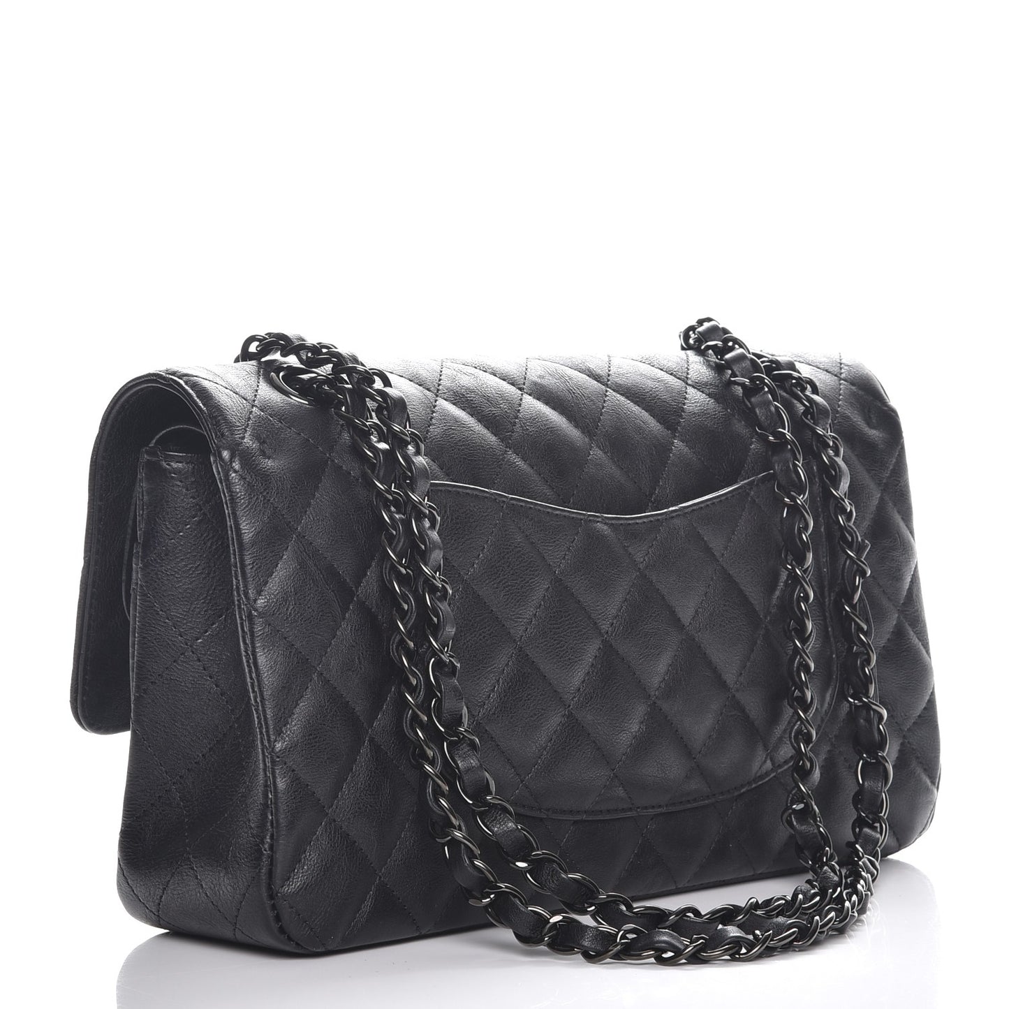 Crumpled Calfskin Quilted Medium Double Flap So Black