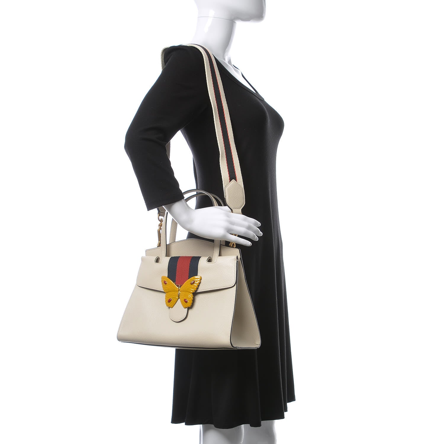 Gucci Grained Calfskin Web Stripe Butterfly Medium Totem Top Handle Bag White 2 of 11