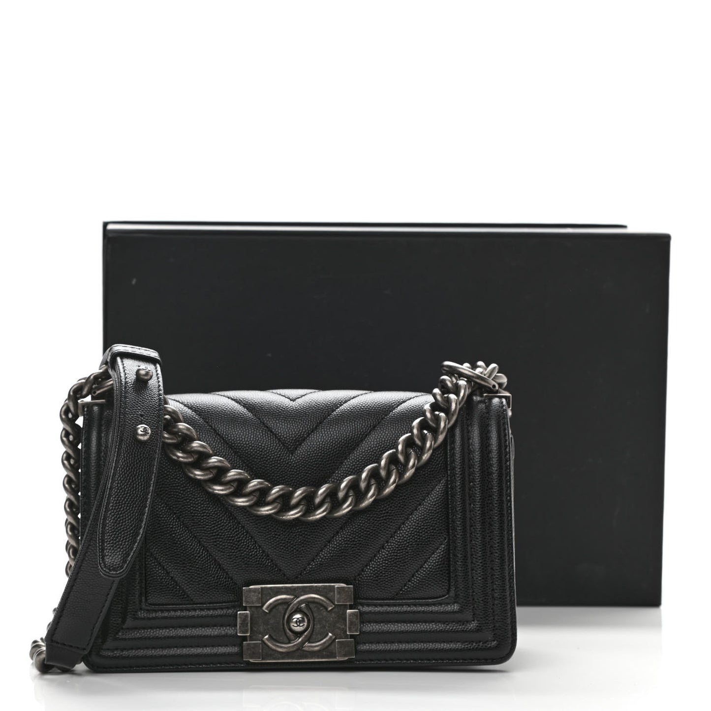 Caviar Chevron Quilted Small Boy Flap Black