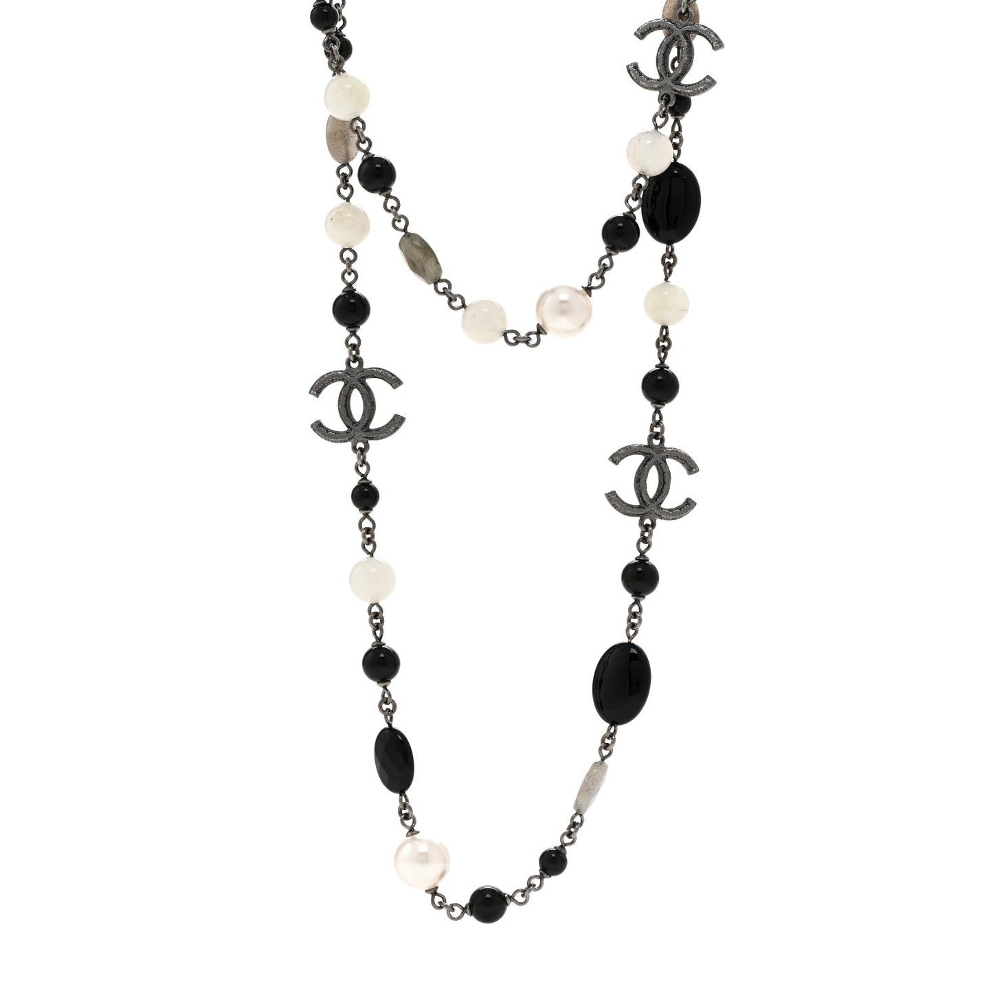 Ruthenium Pearl Beaded CC Long Necklace Black