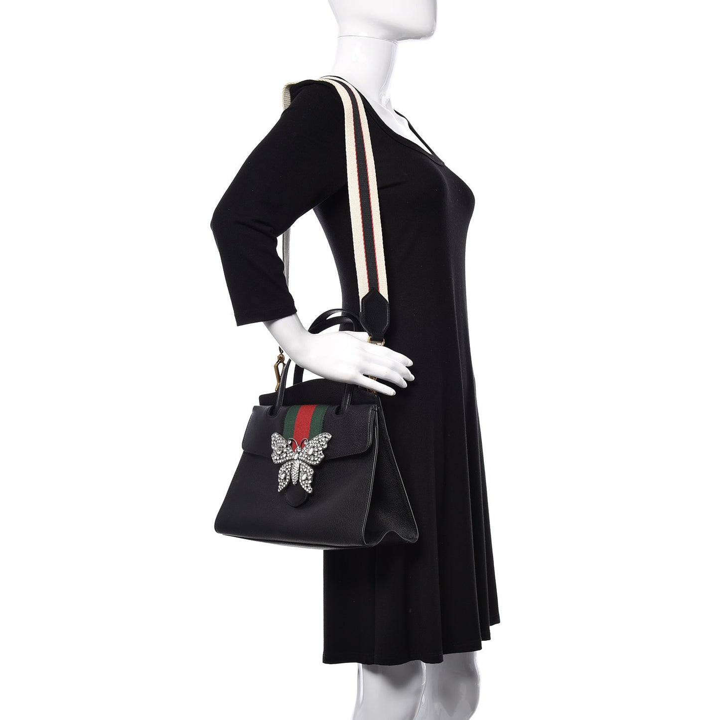 Grained Calfskin Web Crystal Butterfly Stripe Medium Totem Top Handle Bag Black