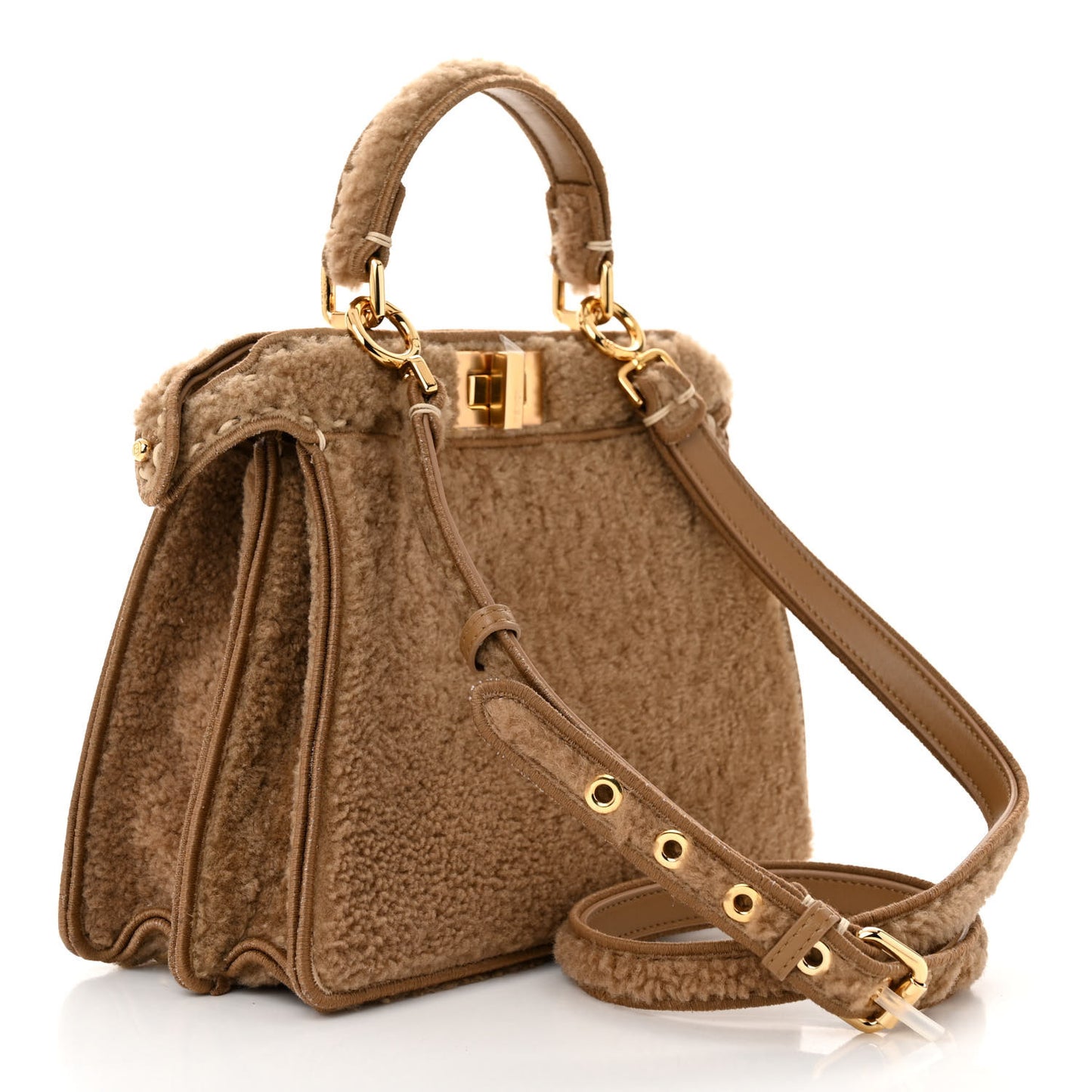 Curly Shearling Shiny Nappa Small Peekaboo I SEE U Satchel Camel