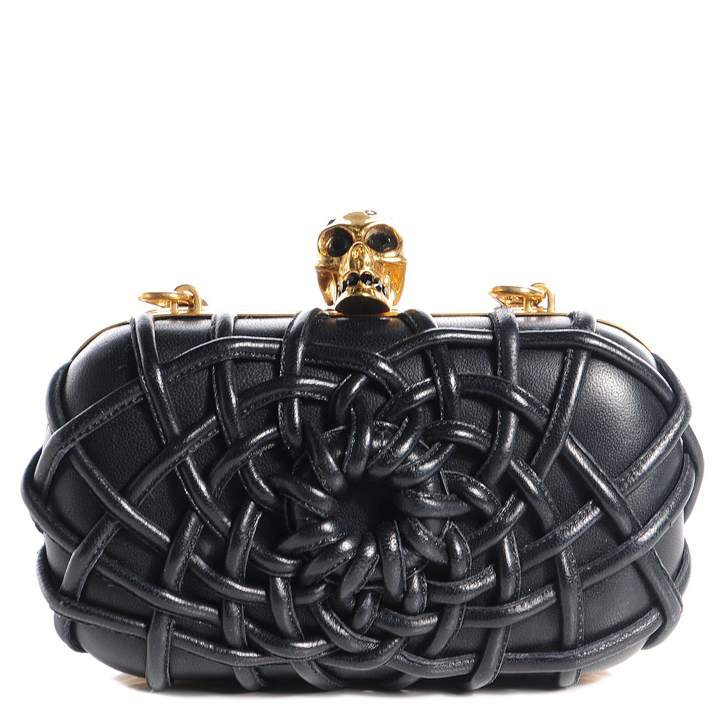 Leather Woven Cord Skull Box Clutch Black