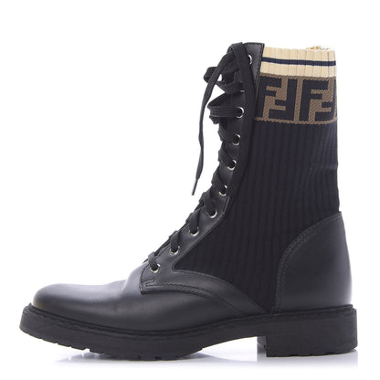 Fendi Calfskin Stretch Fabric Rockoko Biker Boots 39 Tobacco Black Marino 1 of 9