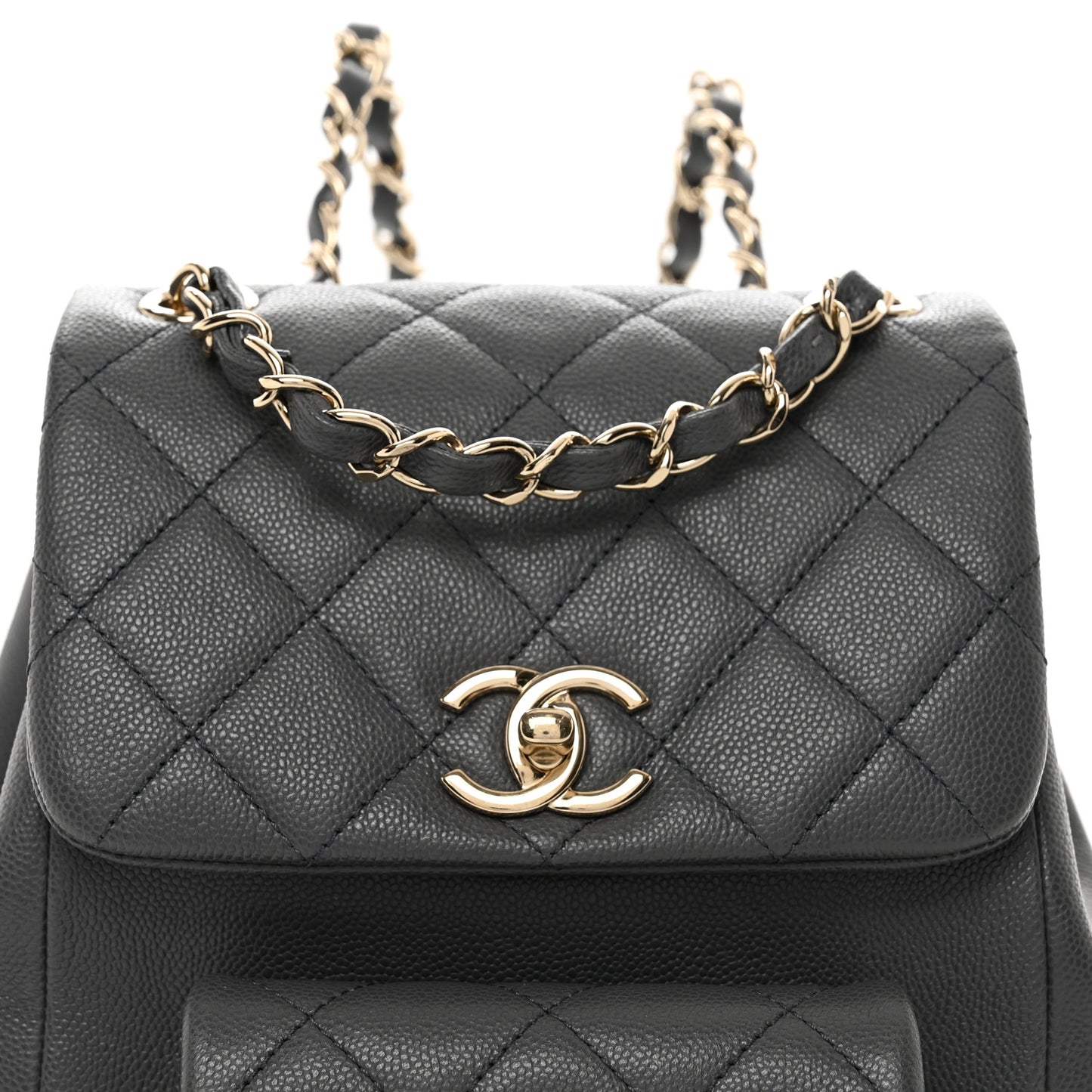 Shiny Caviar Quilted Pockets Drawstring Backpack Grey