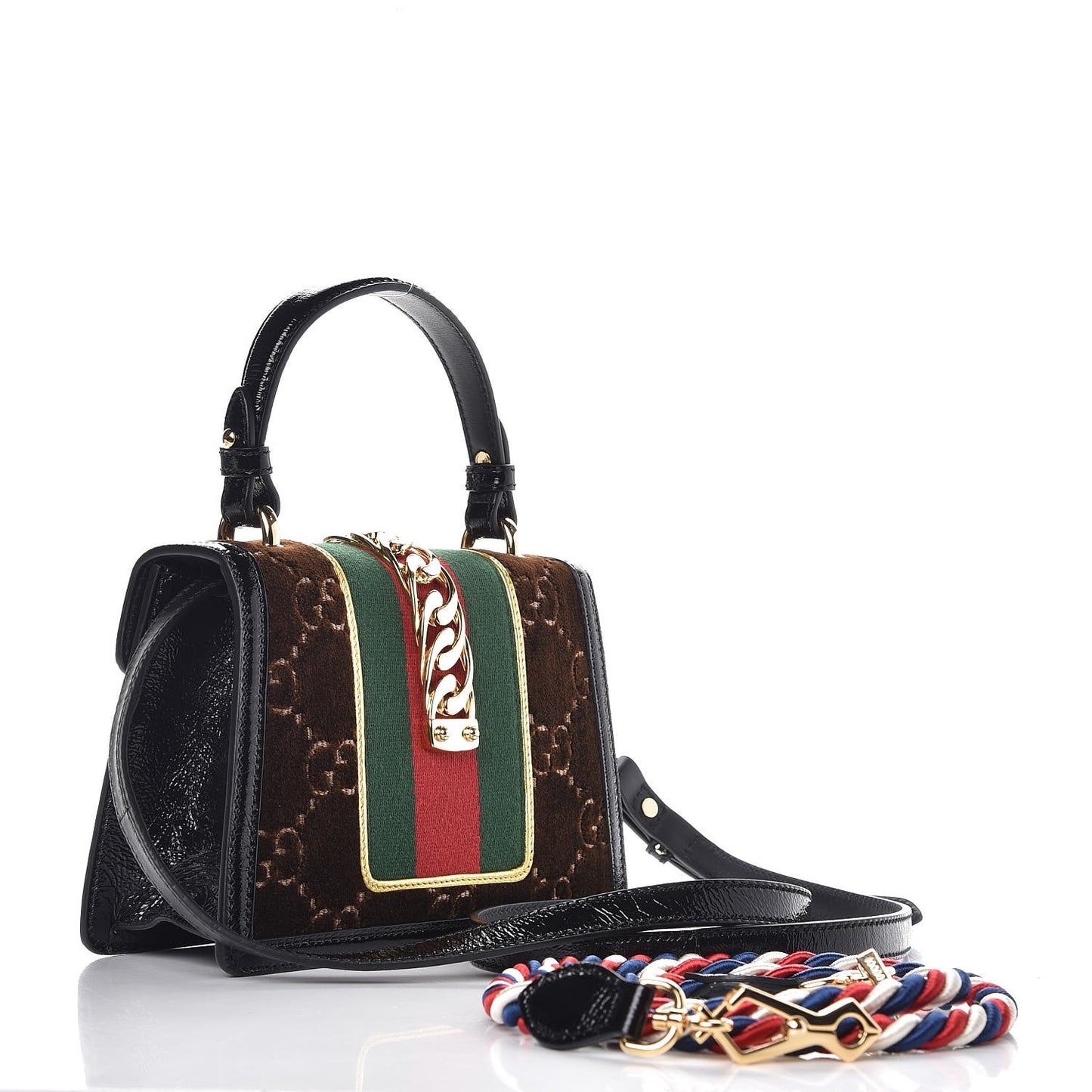 Velvet GG Monogram Web Mini Sylvie Top Handle Bag Brown Black Oro Vecchio