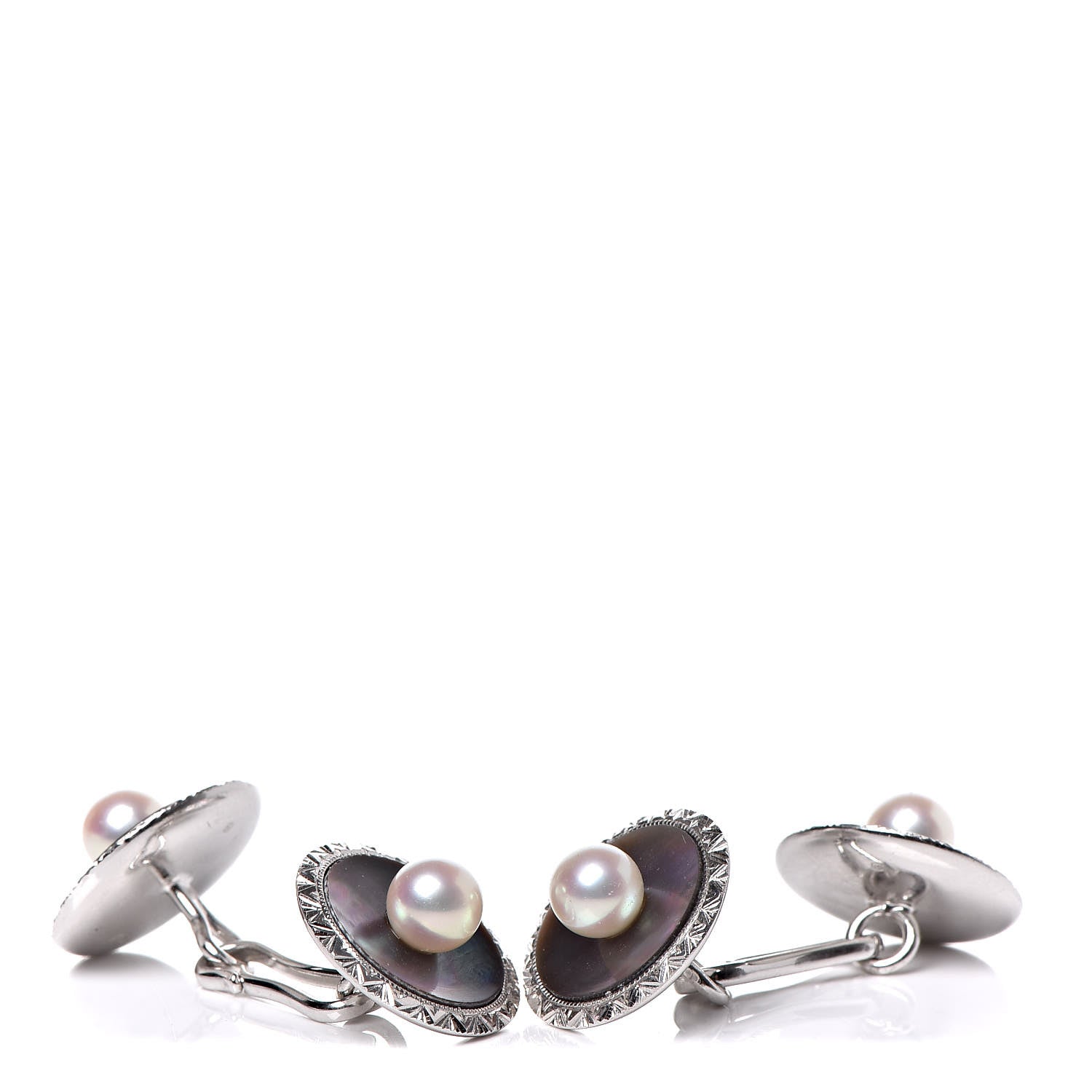Mikimoto 18K White Gold Akoya Pearl Black Mother of Pearl 5-5.5mm Cufflinks 1 of 4