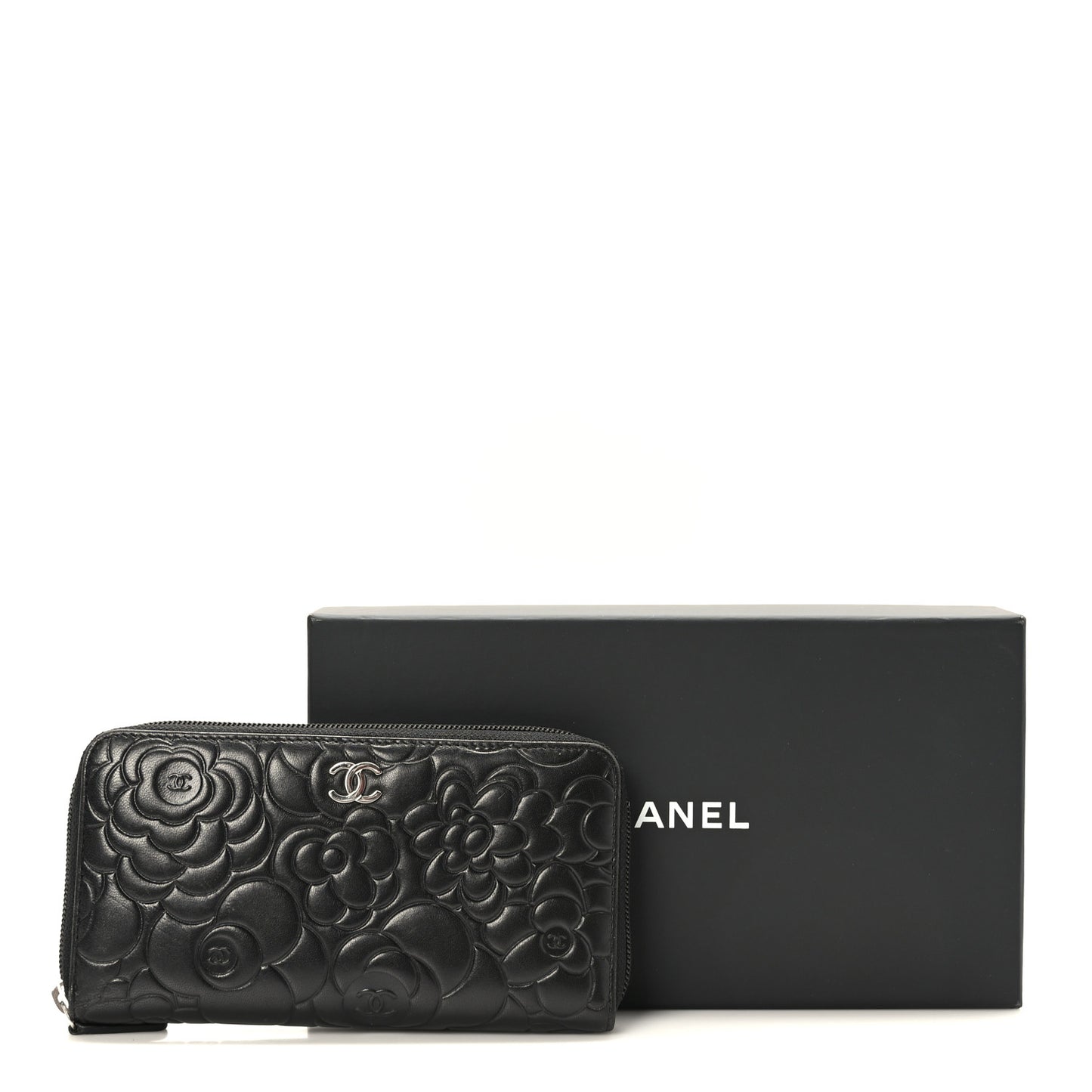 Lambskin Camellia Embossed Large Zip Around Gusset Wallet Black