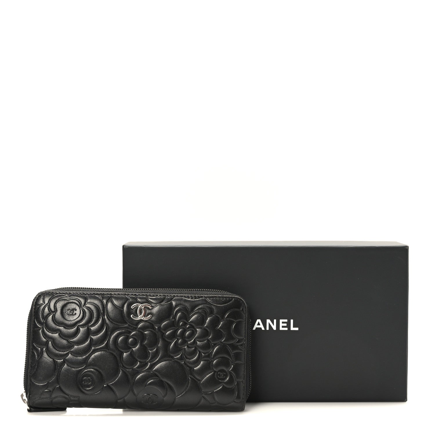 Chanel Lambskin Camellia Embossed Large Zip Around Gusset Wallet Black 9 of 9