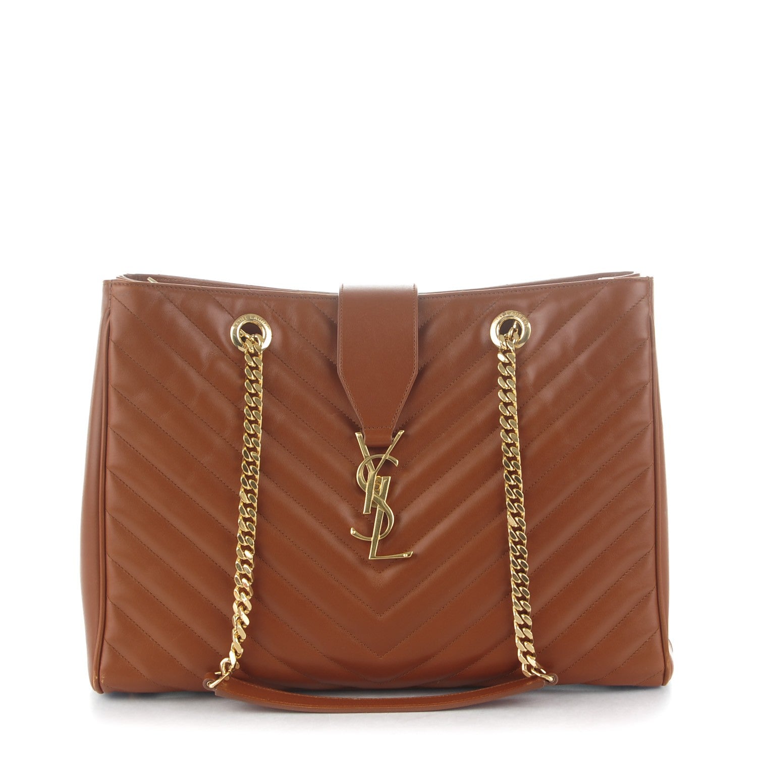 Saint Laurent Smooth Calfskin Matelasse Chevron Large Monogram Shopping Bag Brown 1 of 7