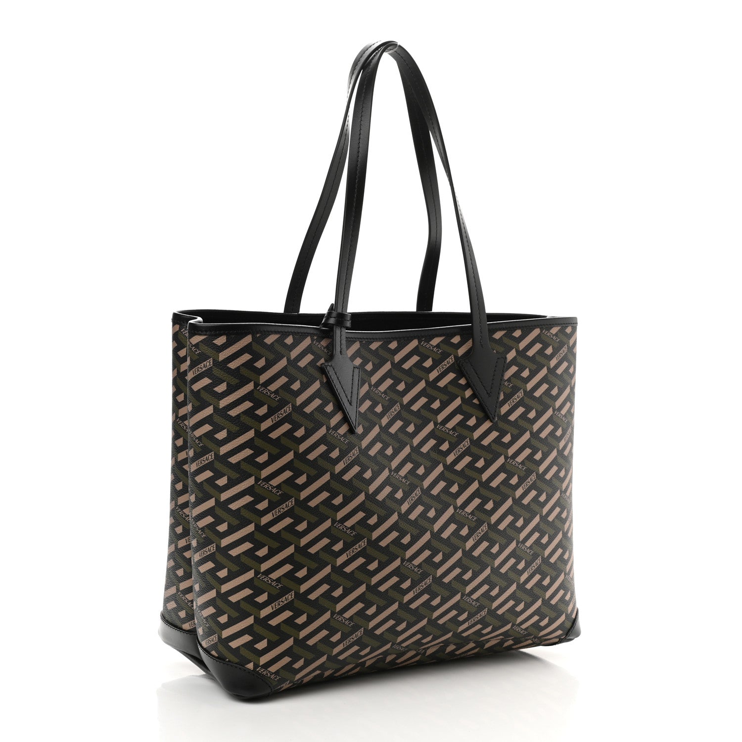 Versace Coated Canvas Calfskin La Greca Medusa Music Signature Shopper Tote Bag Black Khaki Multicolor 3 of 9