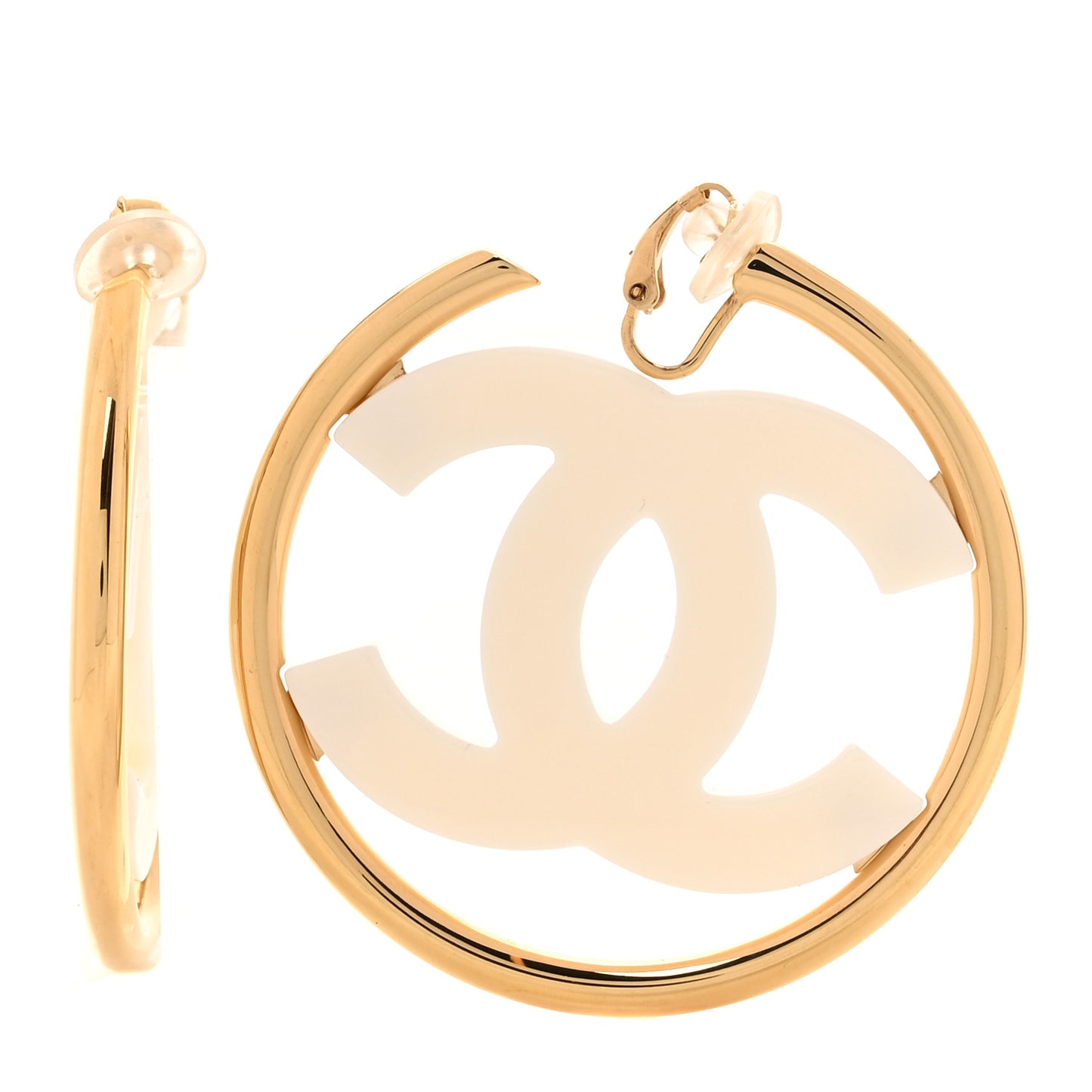 Metal Enamel CC Hoop Clip On Earrings Gold White