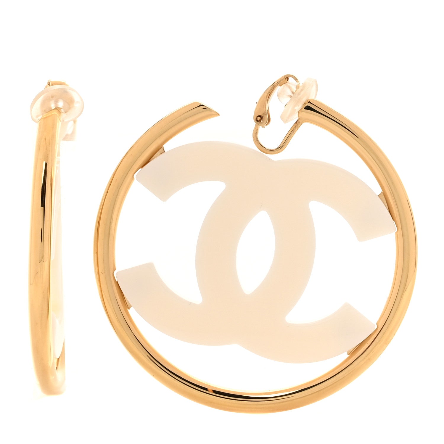 Chanel Metal Enamel CC Hoop Clip On Earrings Gold White 1 of 4