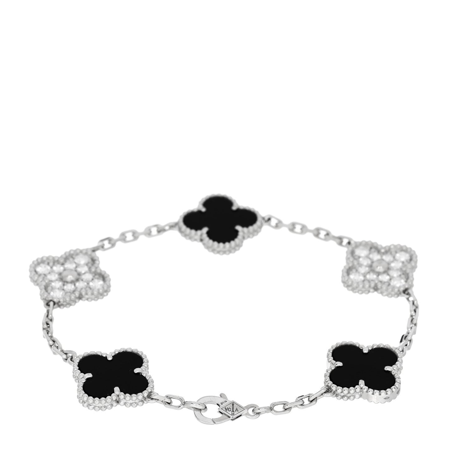 18K White Gold Diamond Black Onyx 5 Motifs Vintage Alhambra Bracelet
