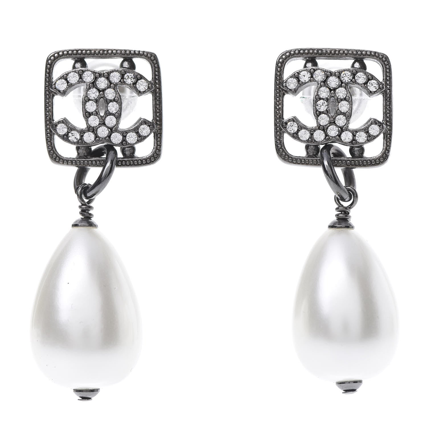 Chanel Ruthenium Crystal Pearl CC Square Drop Earrings Pearly White 1 of 5