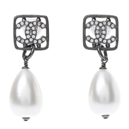Chanel Ruthenium Crystal Pearl CC Square Drop Earrings Pearly White 1 of 5