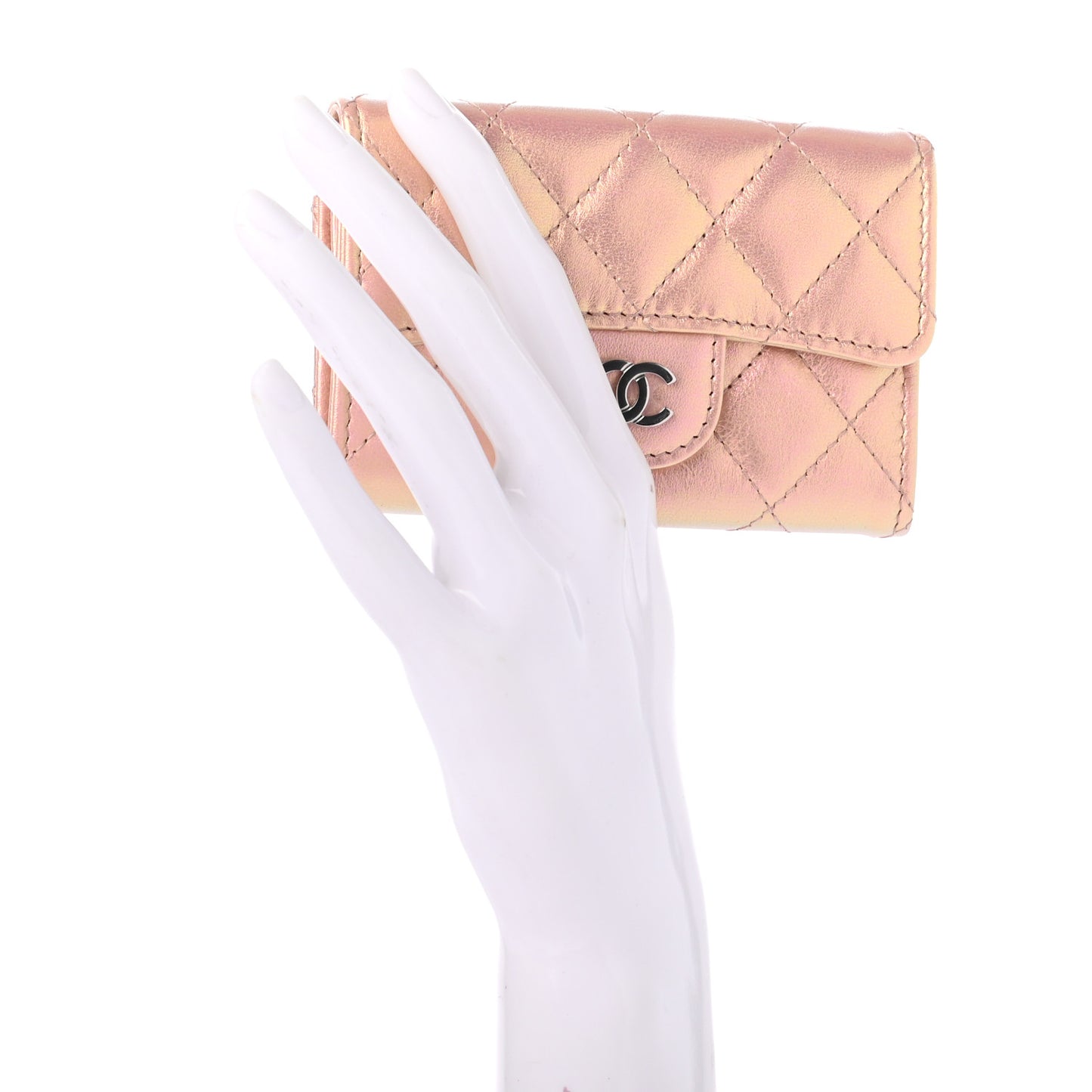 Iridescent Calfskin Quilted Flap Card Holder Wallet Pink