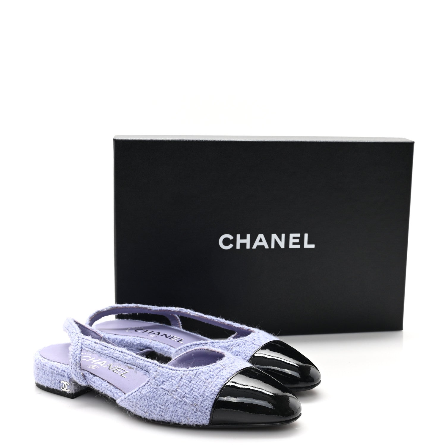 Chanel Tweed Cap Toe CC Slingback Flat 35.5 Lilac Black 1745190