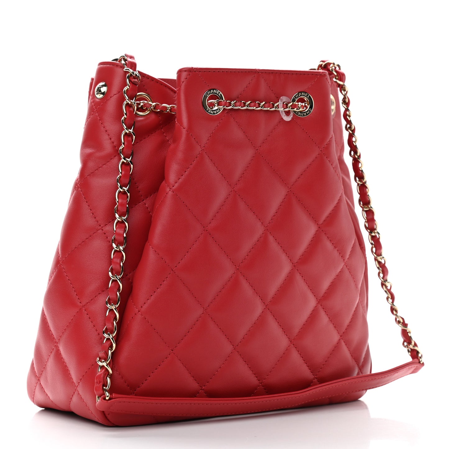 Lambskin Quilted Chain Drawstring Bag Red