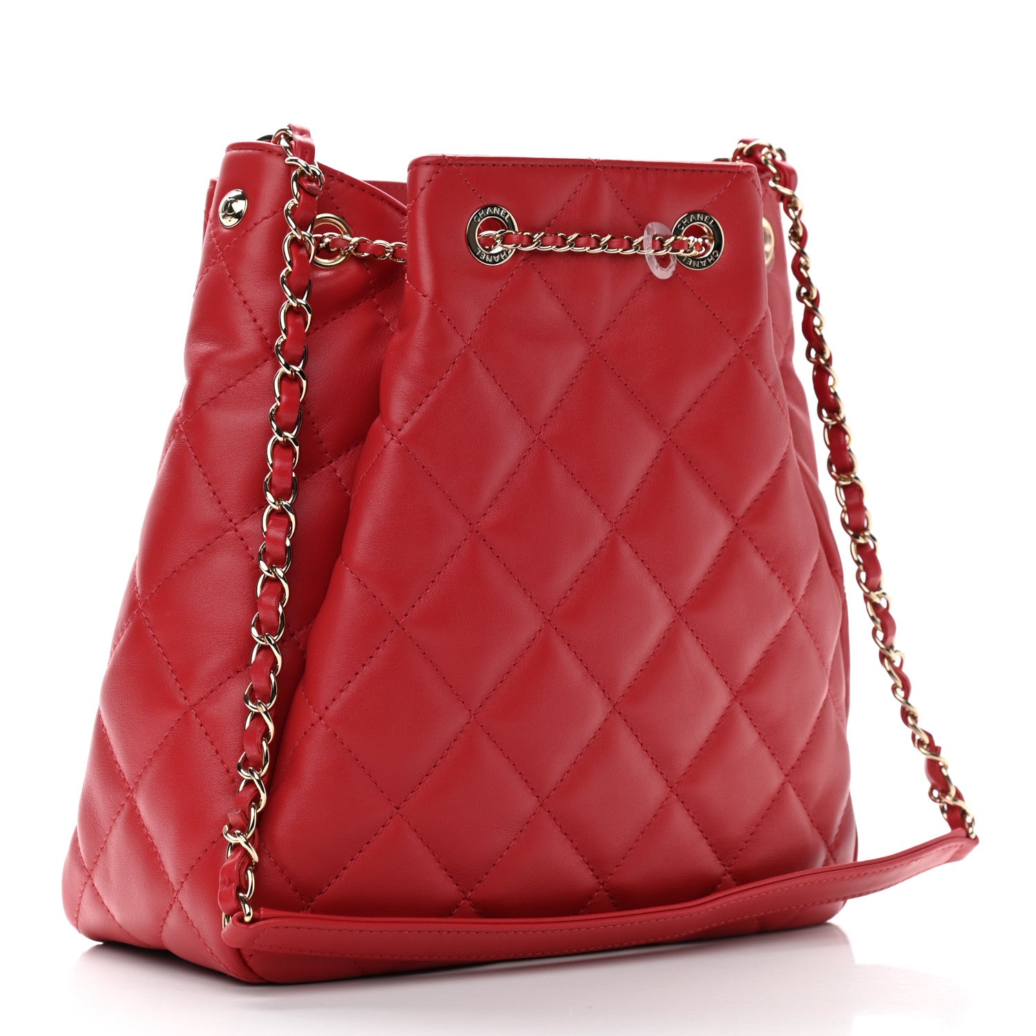 Chanel Lambskin Quilted Chain Drawstring Bag Red 3 of 9