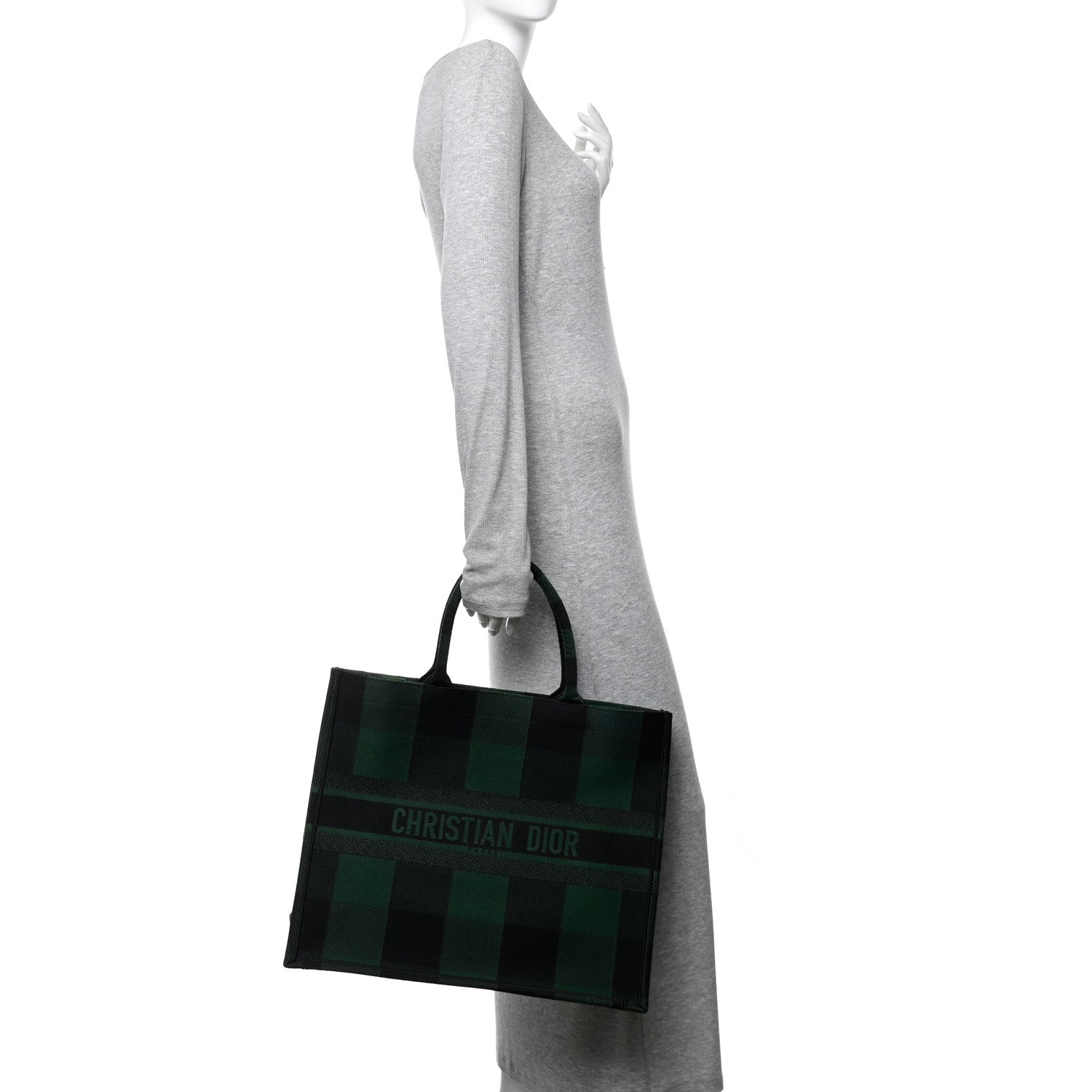 Christian Dior Canvas Embroidered Checkered Book Tote Black Green 2 of 12