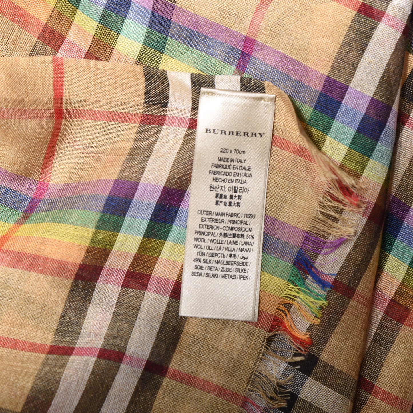 Wool Silk Vintage Rainbow Check Fringe Scarf Antique Yellow