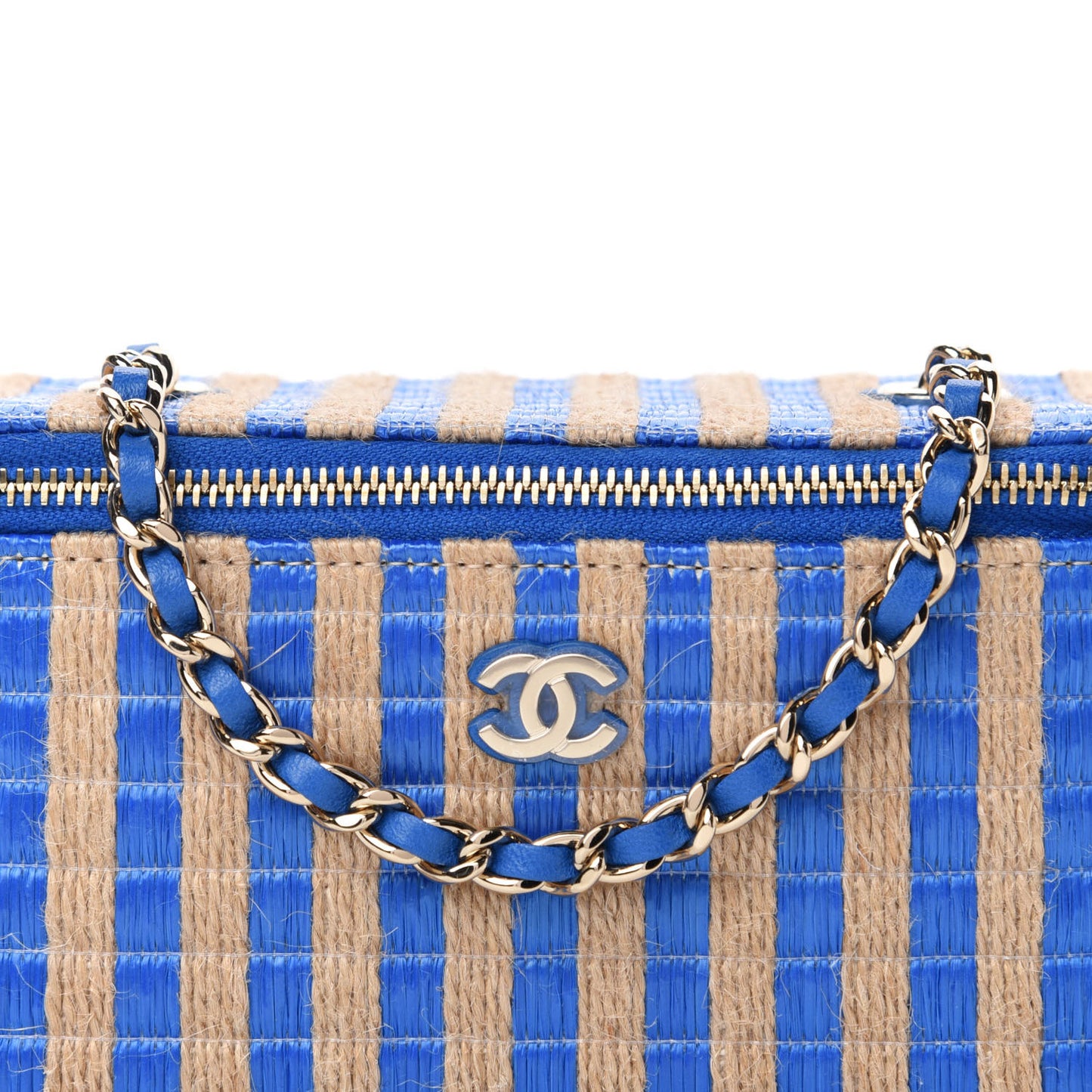 Raffia Jute Striped Small Vanity Case With Chain Blue Beige