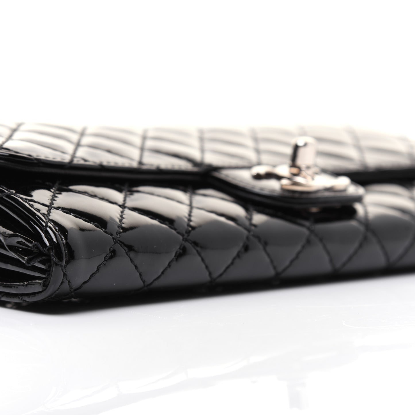 Patent Calfskin Quilted Flap Clutch With Chain Black