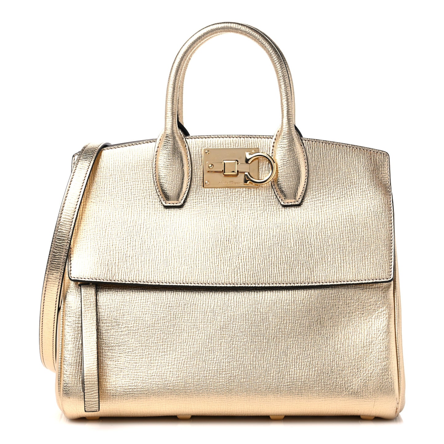 Metallic Hammered Calfskin Studio Top Handle Bag Gold
