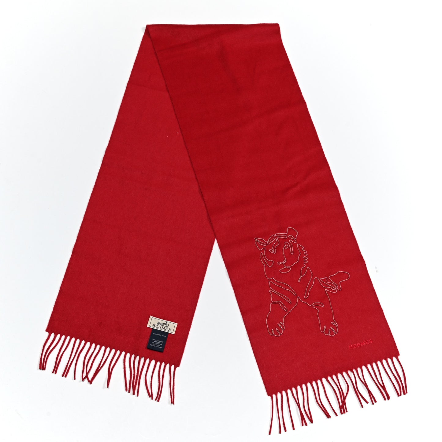 Cashmere Embroidered Tiger Fringe Scarf Red