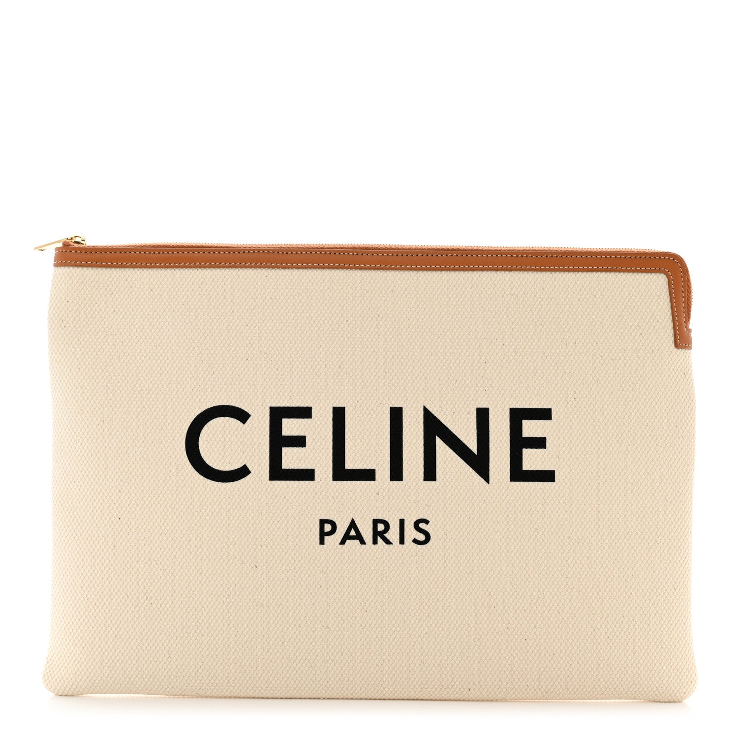 Celine Cotton Canvas Calfskin Logo Large Pouch Natural 1 of 6
