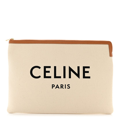 Celine Cotton Canvas Calfskin Logo Large Pouch Natural 1 of 6