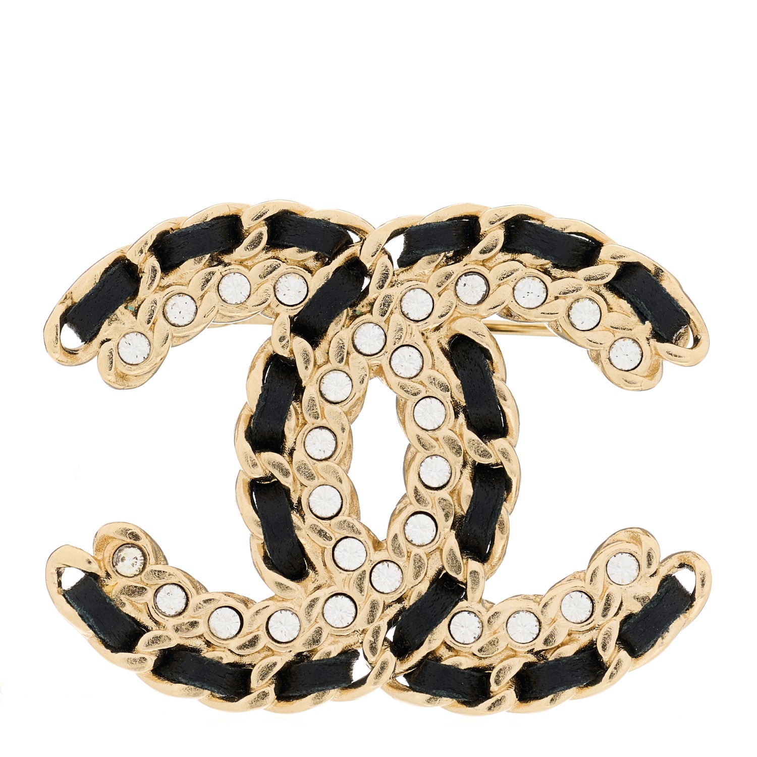 Chanel Lambskin Crystal Vintage Allure CC Chain Brooch Black Gold 1 of 3
