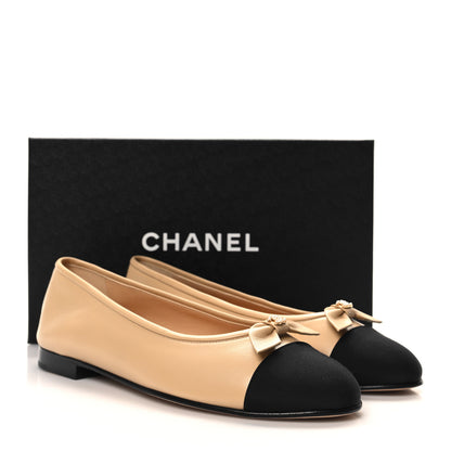 Chanel Lambskin Grosgrain Cap Toe Pearl CC Ballerina Flats 40 Beige Black 9 of 9