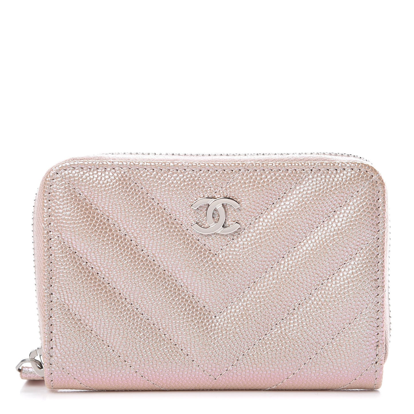 Metallic Caviar Chevron Quilted Zip Around Coin Purse Light Gold