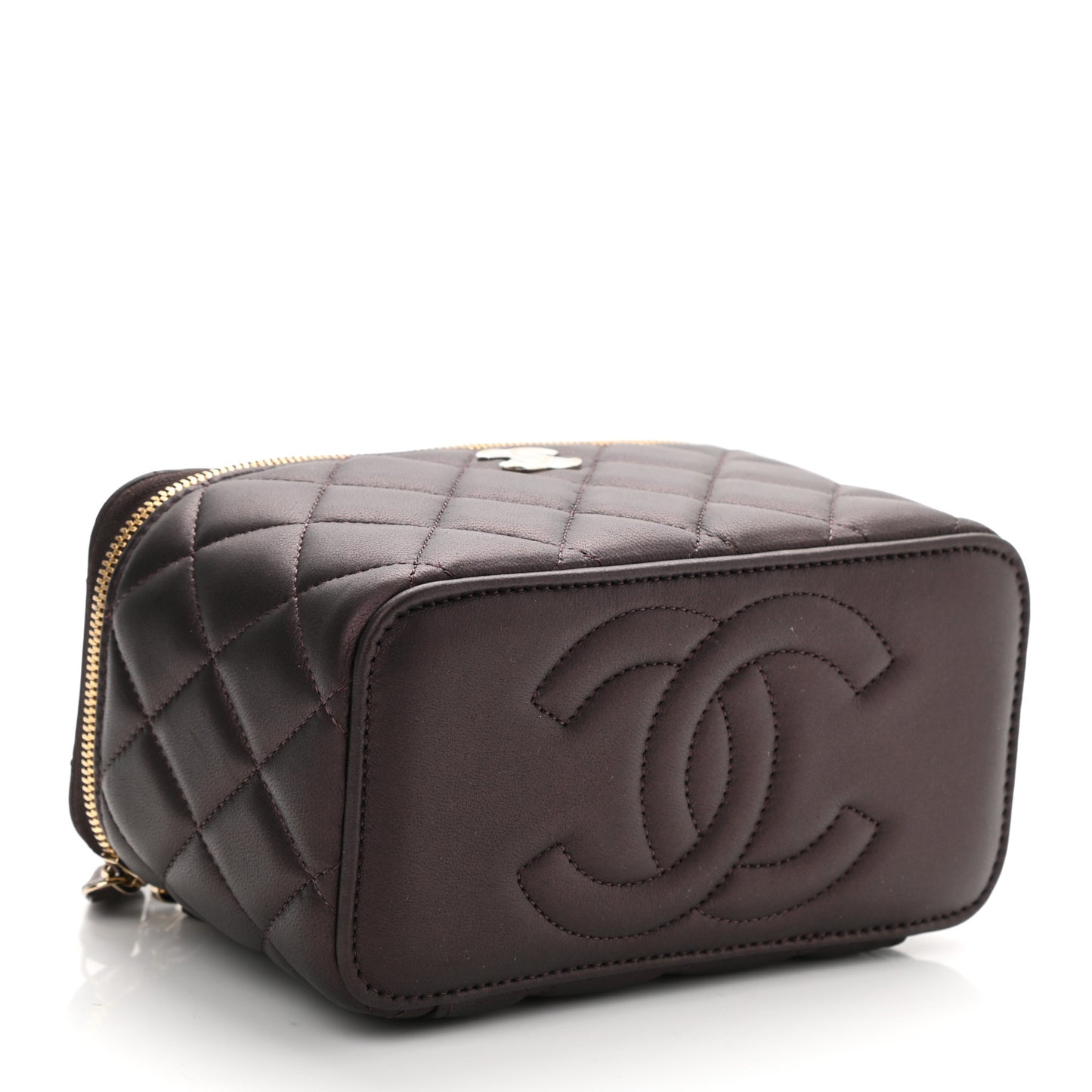 Iridescent Lambskin Quilted Small Top Handle Vanity Case With Chain Burgundy