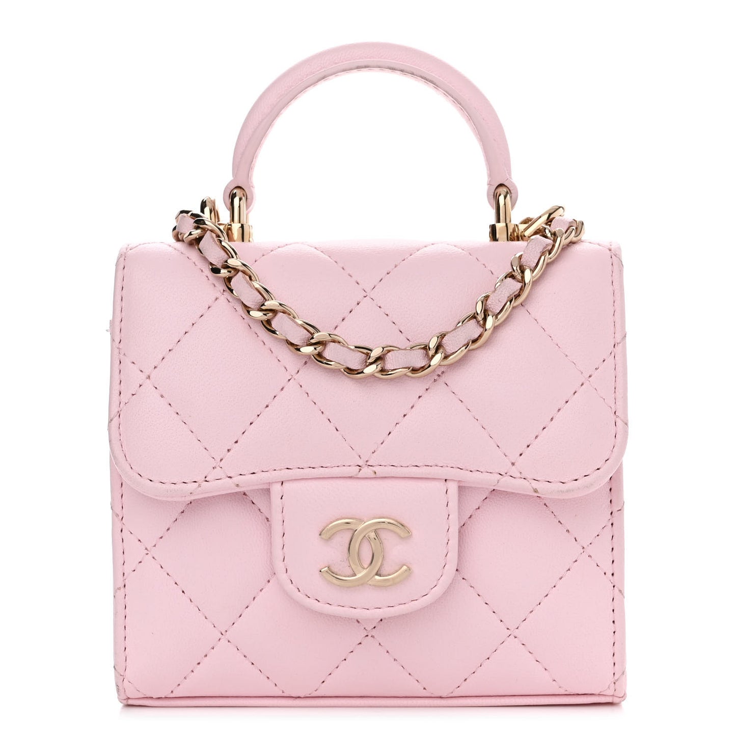 Lambskin Quilted Top Handle Clutch With Chain Light Pink