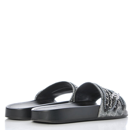 Chanel Fantasy Lambskin Pearl Chain Flat Sandals 40 Silver Black 4 of 9
