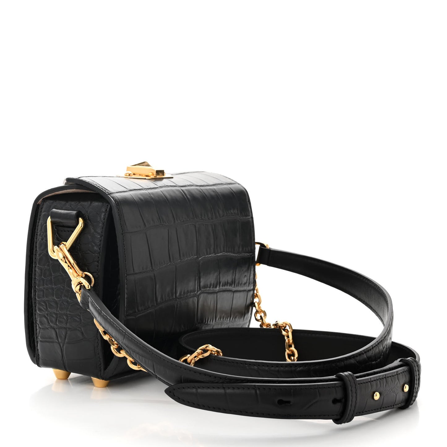 Calfskin Crocodile Embossed Box Shoulder Bag 19 Black