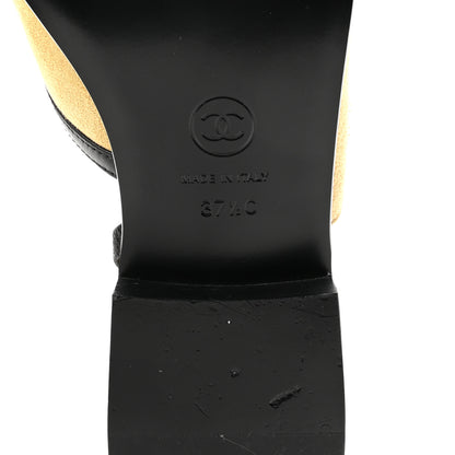 Chanel Suede Kidskin Lambskin Patent Calfskin Crystal CC Cap Toe Slingback Flats 37.5 Beige Black 7 of 9