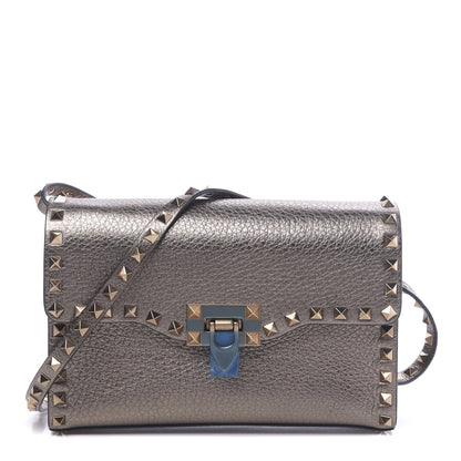 Valentino Garavani Metallic Pebbled Calfskin Medium Rockstud Flip Lock Crossbody Bag Sasso 1 of 12