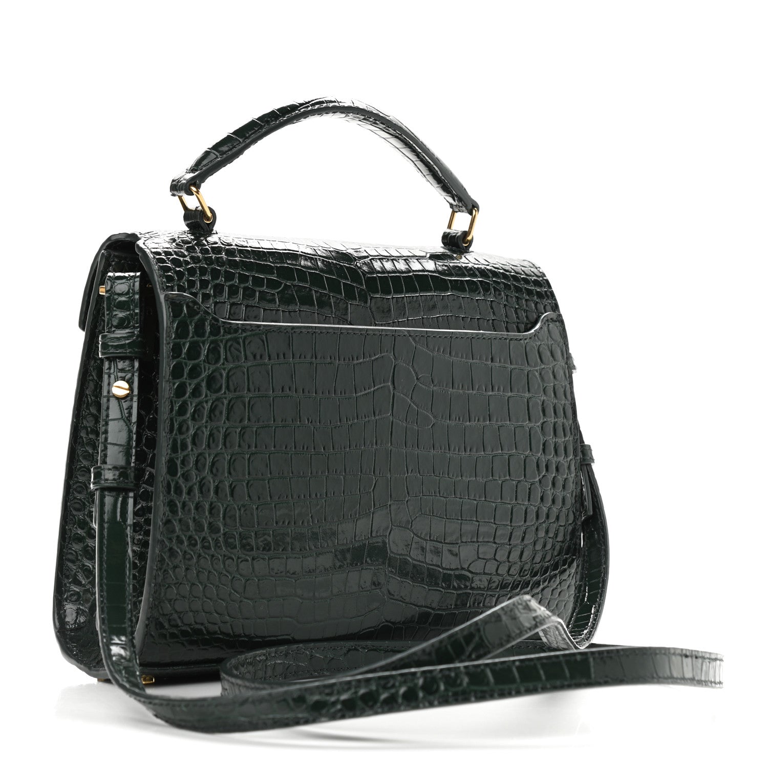 Saint Laurent Calfskin Crocodile Embossed Mini Classic Monogram Cassandra Top Handle Green 3 of 8